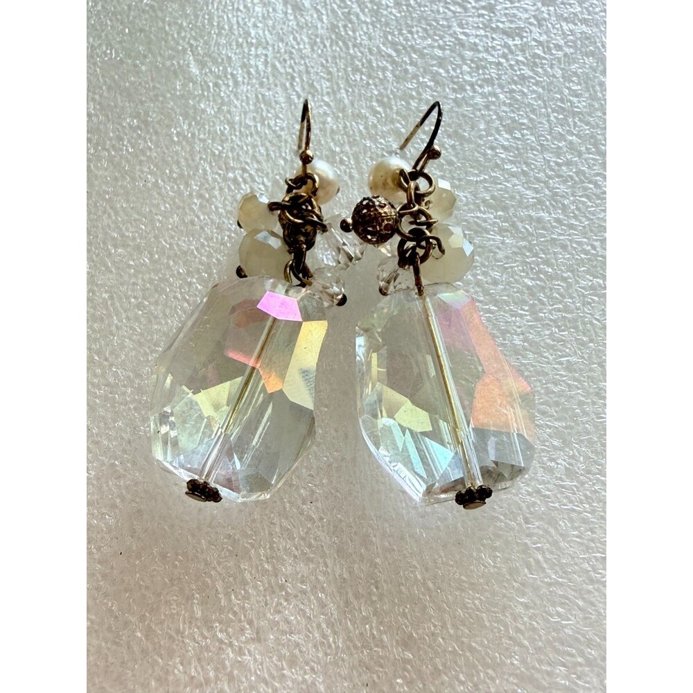 Antique Brass AB Faceted Crystal Drop Earrings Faux Pearl Cluster Dangle 2"